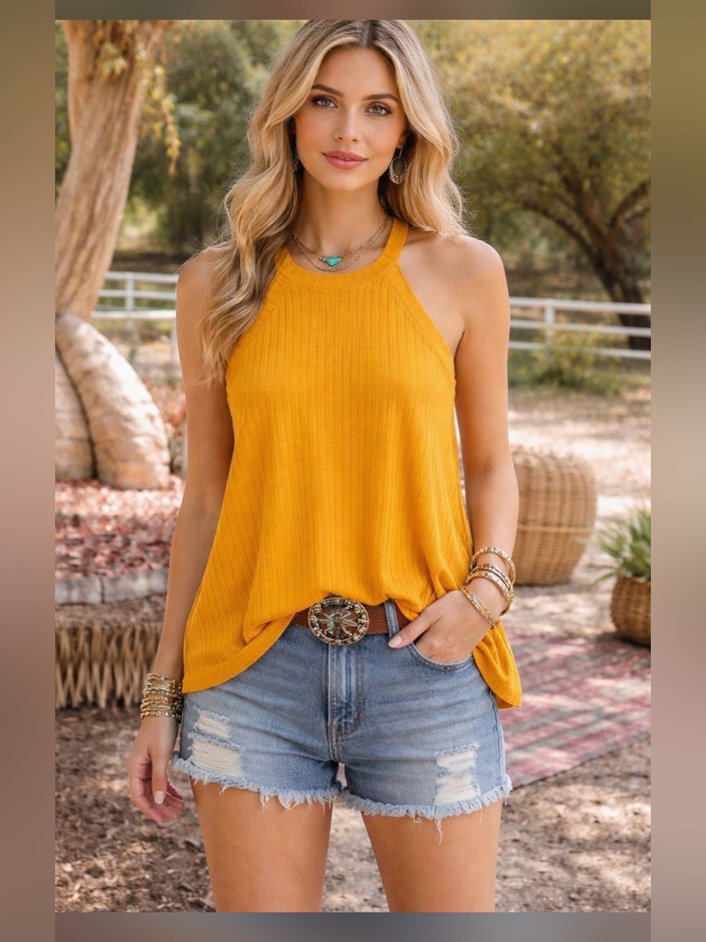 W5 Mustard Ribbed Knit High Neck Halter Tank Top Size Small NWT